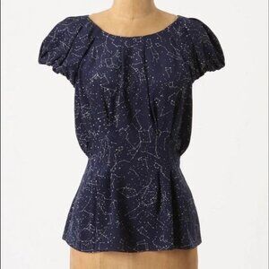 Anthropologie | Maeve Navy Constellation Print Blouse with Cap Puff Sleeves